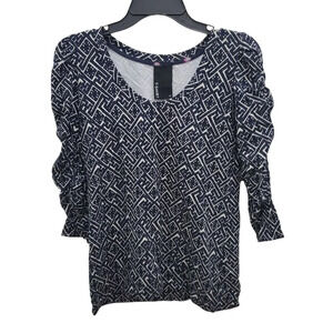 Anthropologie‎ | Dolan Black White Tribal Print Ruched 3/4 Sleeve T-Shirt Sz M